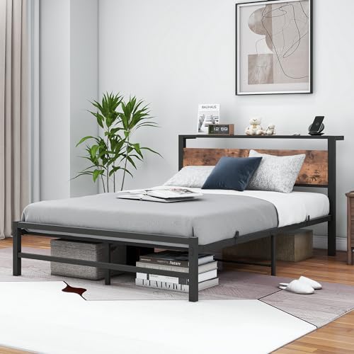 VERFARM Estructura de cama de metal con cabecero de almacenamiento de madera con somier para dormitorio o habitación de invitados, fácil montaje, sin ruido, 120 x 200 cm