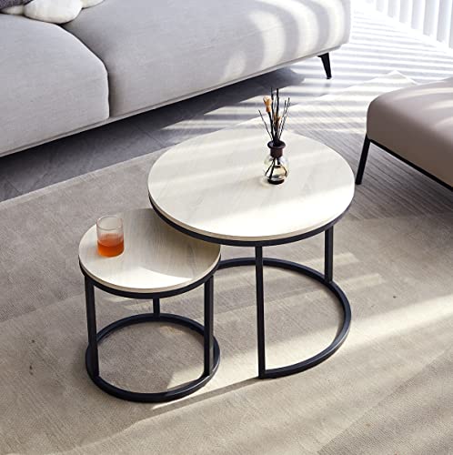 EGOONM Pack de 2 Mesas de Centro Conjunto De Mesa Auxiliar De SalóN Redonda Madera Mesitas De Noche Mesas De Café Y Té-Blanco, Grande: 60 * 60 * 45cm; pequeño: 40 * 40 * 35cm