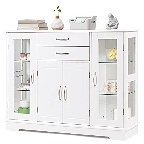 GIANTEX Aparador de Cocina con Cajones, 2 Puertas de Vidrio, Armario Buffet de Madera, Estilo Rústico, Mueble Auxiliar de Almacenamiento, para Comedor, Cocina, Salón, Color Blanco