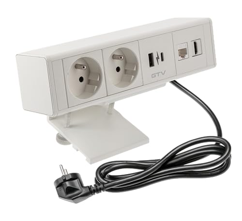 GTV - Enchufe para muebles BAR, enchufes múltiples, 2 enchufes franceses, 1 x USB A, 1 x USB C, 1 x RJ45 1 x HDMI, longitud de cable de 1,5 m, color blanco, para escritorios, mesas, cocinas y oficinas