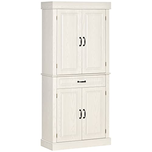 HOMCOM Aparador de Cocina con 2 Armarios y Cajón, Mueble Despensa de Madera Estilo Colonial, 80x35x180cm Blanco