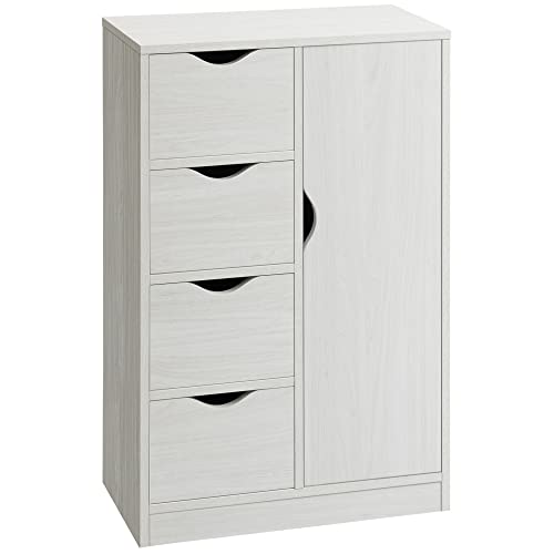 HOMCOM Armario de Salón Aparador Auxiliar con 4 Cajones 1 Puerta y Estante Interior Mueble de Almacenaje Multiusos para Baño Dormitorio Comedor 54x29x83 cm Blanco con Grano de Madera