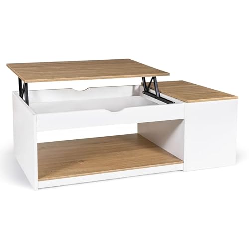 IDMarket – Mesa baja rectangular ELEA con baúl de madera blanca y forma de haya